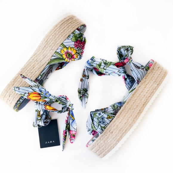 Zara Shoes - Zara Tied floral raffia platform wedges 6.5